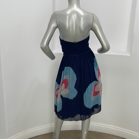 ANNA SUI Strapless  Fit And Flare Empire Waist Silk Dress Navy Floral Size 4 - Picture 2 of 15